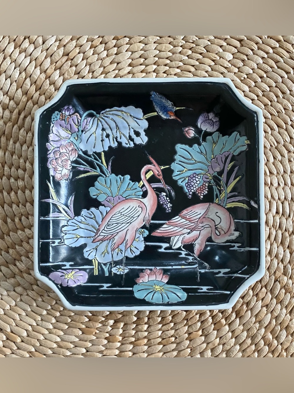 Vtg Dynasty by Heygill HFP Macau Famille Noire Heron Egret Square Plate 5"